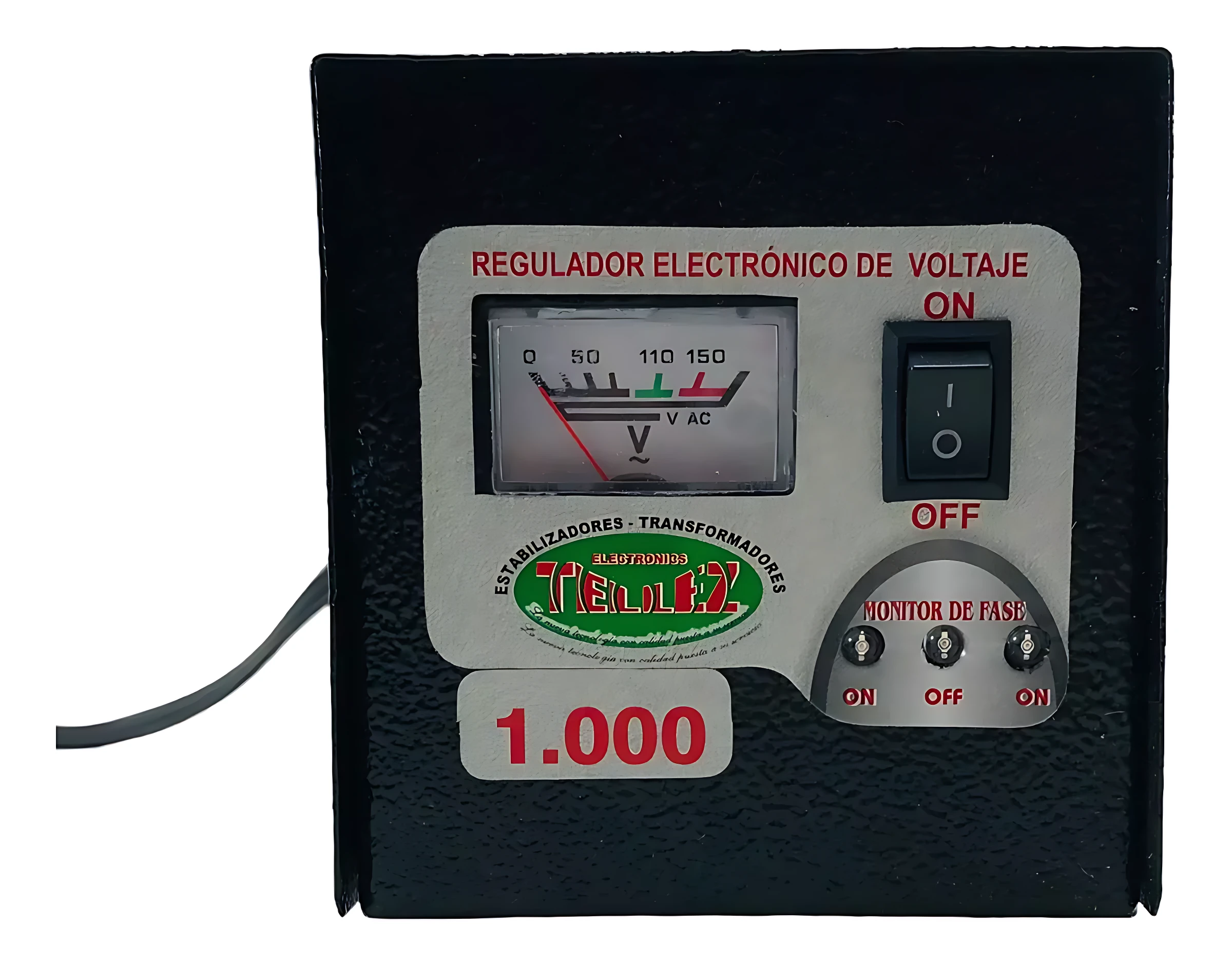 Regulador de voltaje electrónico de 1.000 vatios con panel analógico, interruptor de encendido/apagado y tres indicadores de fase, sobre carcasa negra.