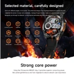 Reloj inteligente HD300 con pantalla AMOLED y llamadas Bluetooth, mostrando resistencia a humedad, golpes, vibración, agua, polvo, rayos UV y temperaturas extremas, sobre fondo de fuego.