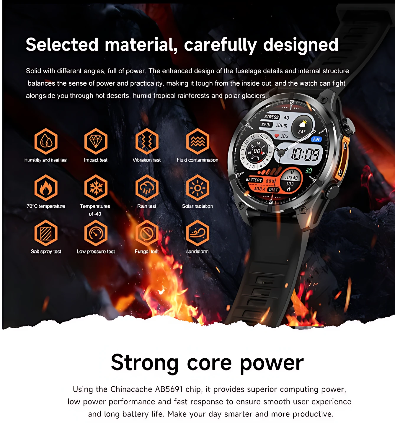 Reloj inteligente HD300 con pantalla AMOLED y llamadas Bluetooth, mostrando resistencia a humedad, golpes, vibración, agua, polvo, rayos UV y temperaturas extremas, sobre fondo de fuego.