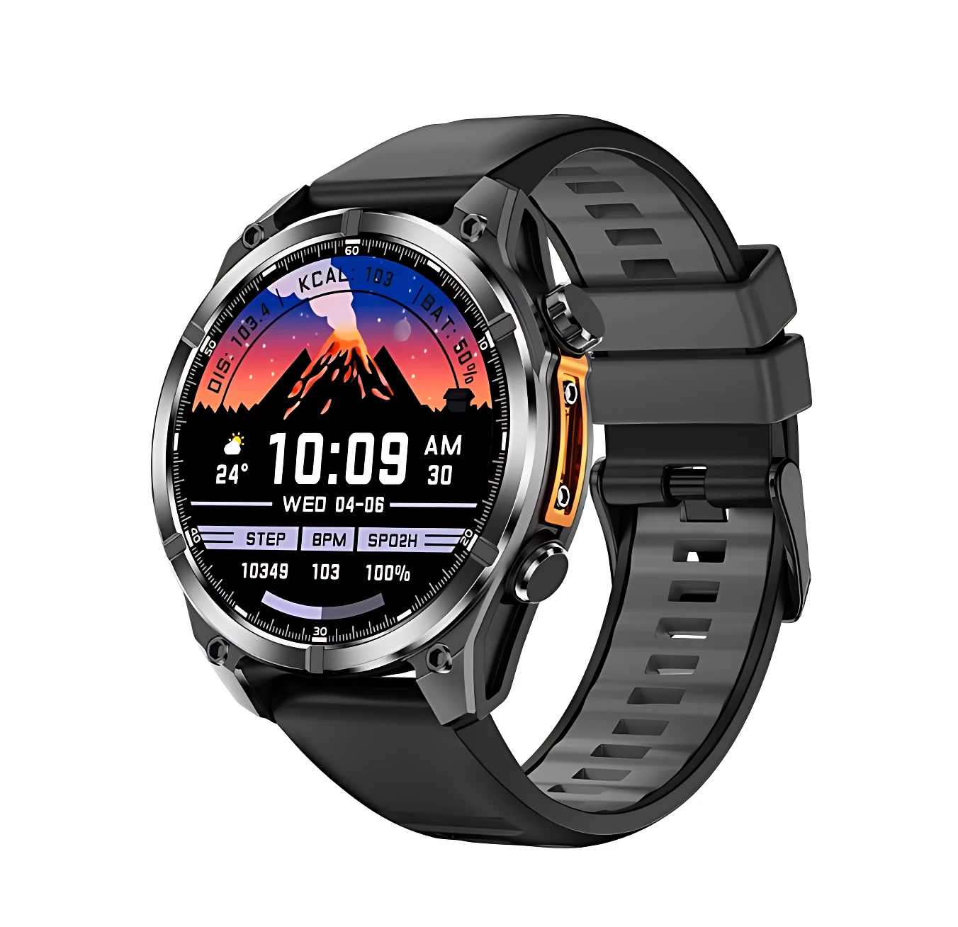 Reloj inteligente HD300 en vista lateral, con correa negra de silicona y detalles metálicos. Pantalla AMOLED muestra hora, clima y datos de salud. Incluye micrófono y altavoz para llamadas Bluetooth.