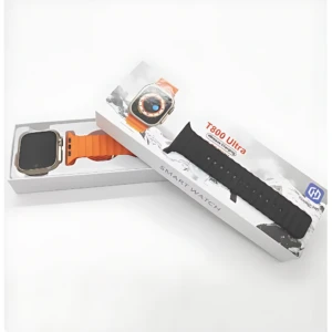 Reloj inteligente T800 Ultra en caja abierta, mostrando variante con correa naranja y caja con correa negra, sobre fondo blanco.