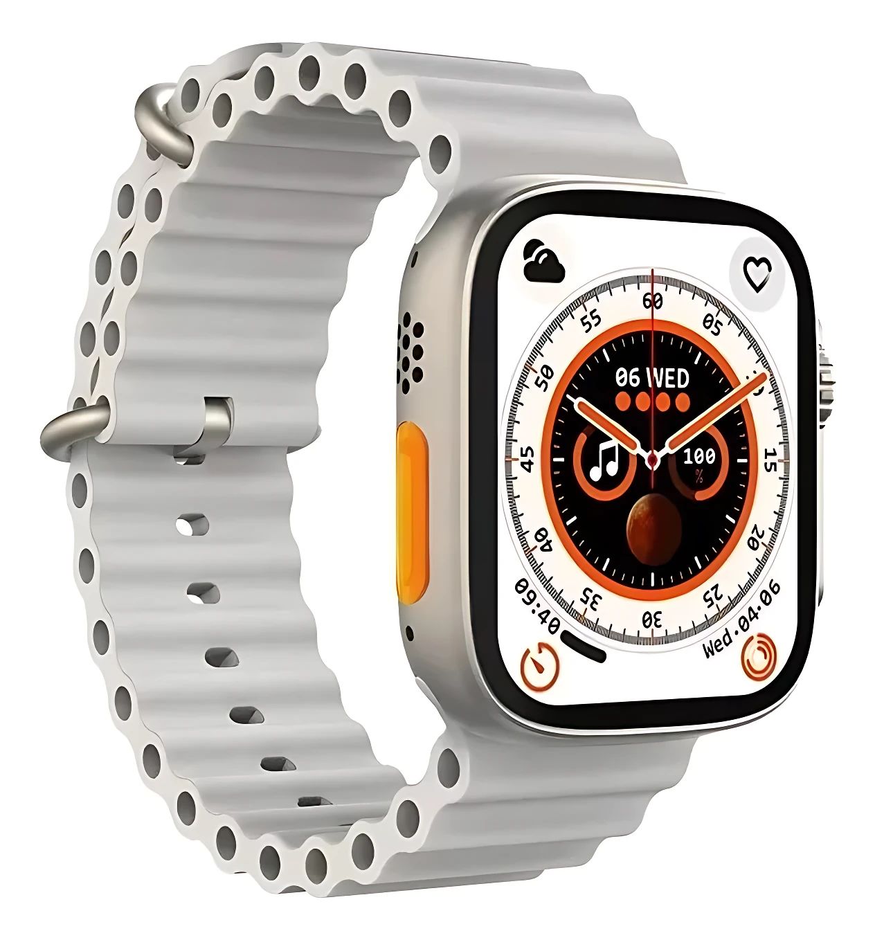 Reloj inteligente T900 Ultra en color blanco con correa perforada, pantalla cuadrada mostrando interfaz de monitoreo de salud y notificaciones.