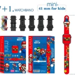Reloj inteligente Kids 918 con temática de Super Mario, caja de presentación, correa intercambiable y accesorios incluidos. Mide 23,5 cm de altura.