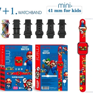 Reloj inteligente Kids 918 con temática de Super Mario, caja de presentación, correa intercambiable y accesorios incluidos. Mide 23,5 cm de altura.