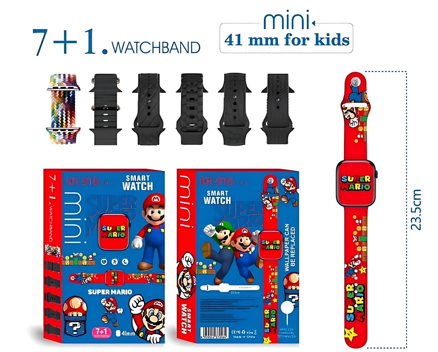 Reloj inteligente Kids 918 con temática de Super Mario, caja de presentación, correa intercambiable y accesorios incluidos. Mide 23,5 cm de altura.