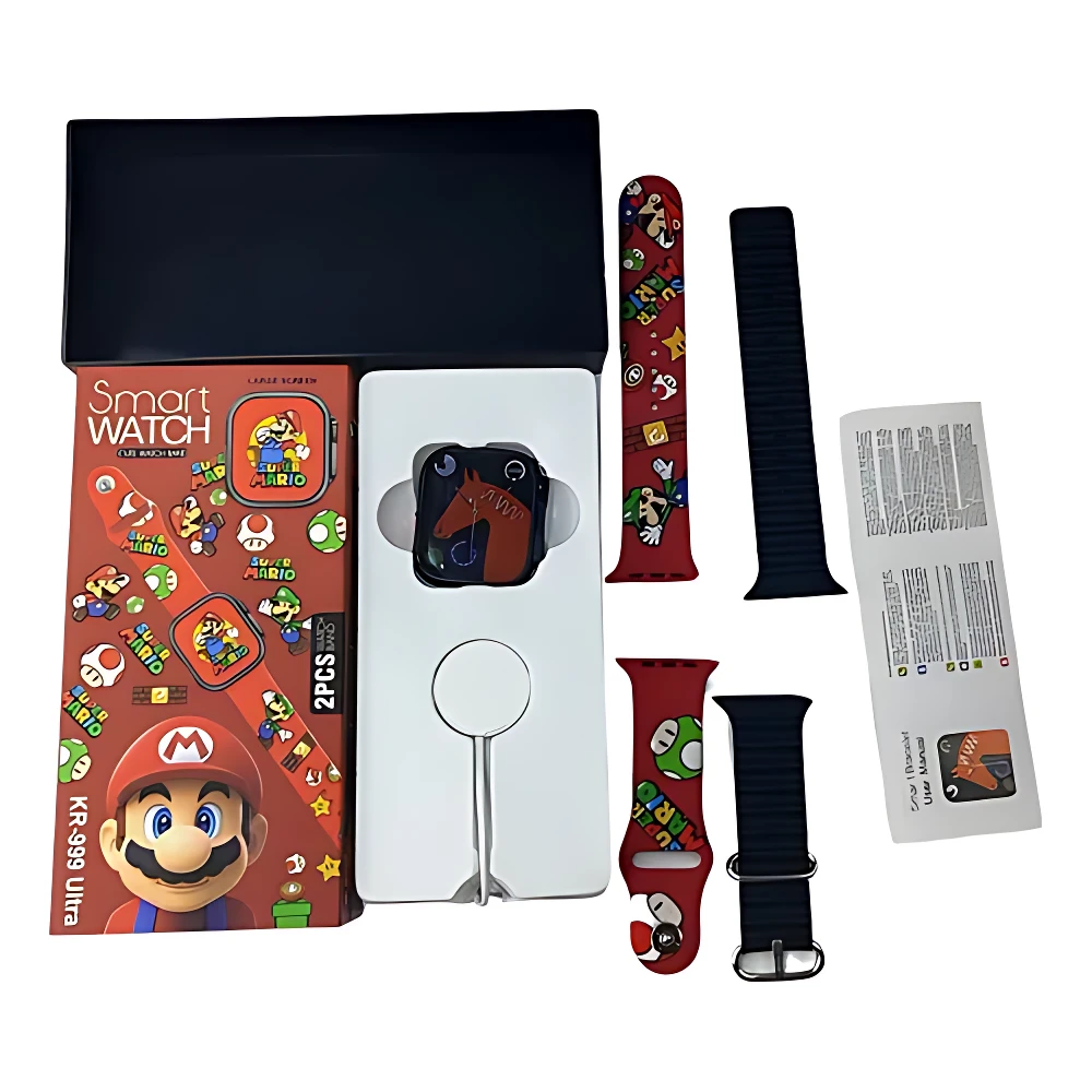 Reloj inteligente Kids 918 con cámara y pantalla táctil, caja abierta mostrando el dispositivo, correa roja con estampado de Mario, correa negra, accesorios y manual.
