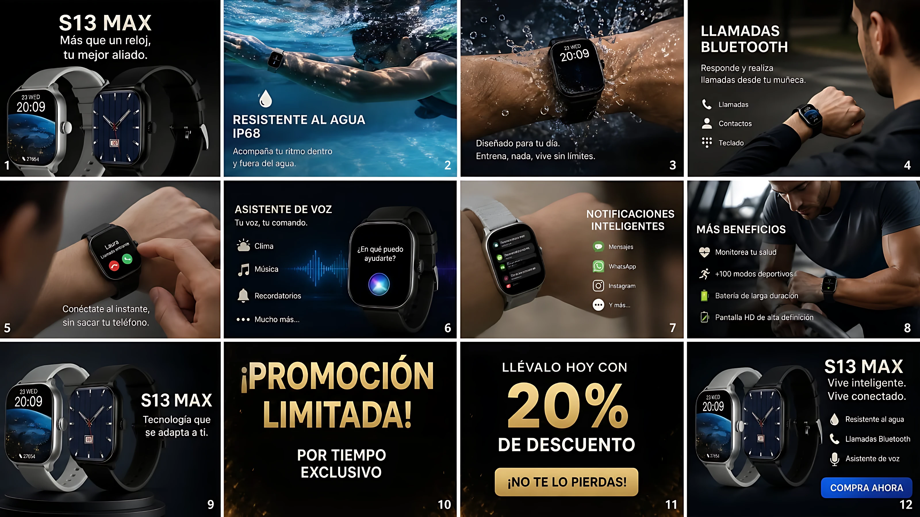 Reloj inteligente S13 Max en pantalla dividida: resistencia al agua, llamadas Bluetooth, asistente de voz, notificaciones y descuentos.