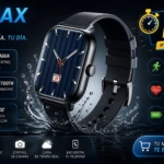 Reloj inteligente S13 Max con correa negra, pantalla cuadrada y detalles en azul oscuro, mostrando funciones como resistencia al agua, llamadas Bluetooth y monitoreo de salud.