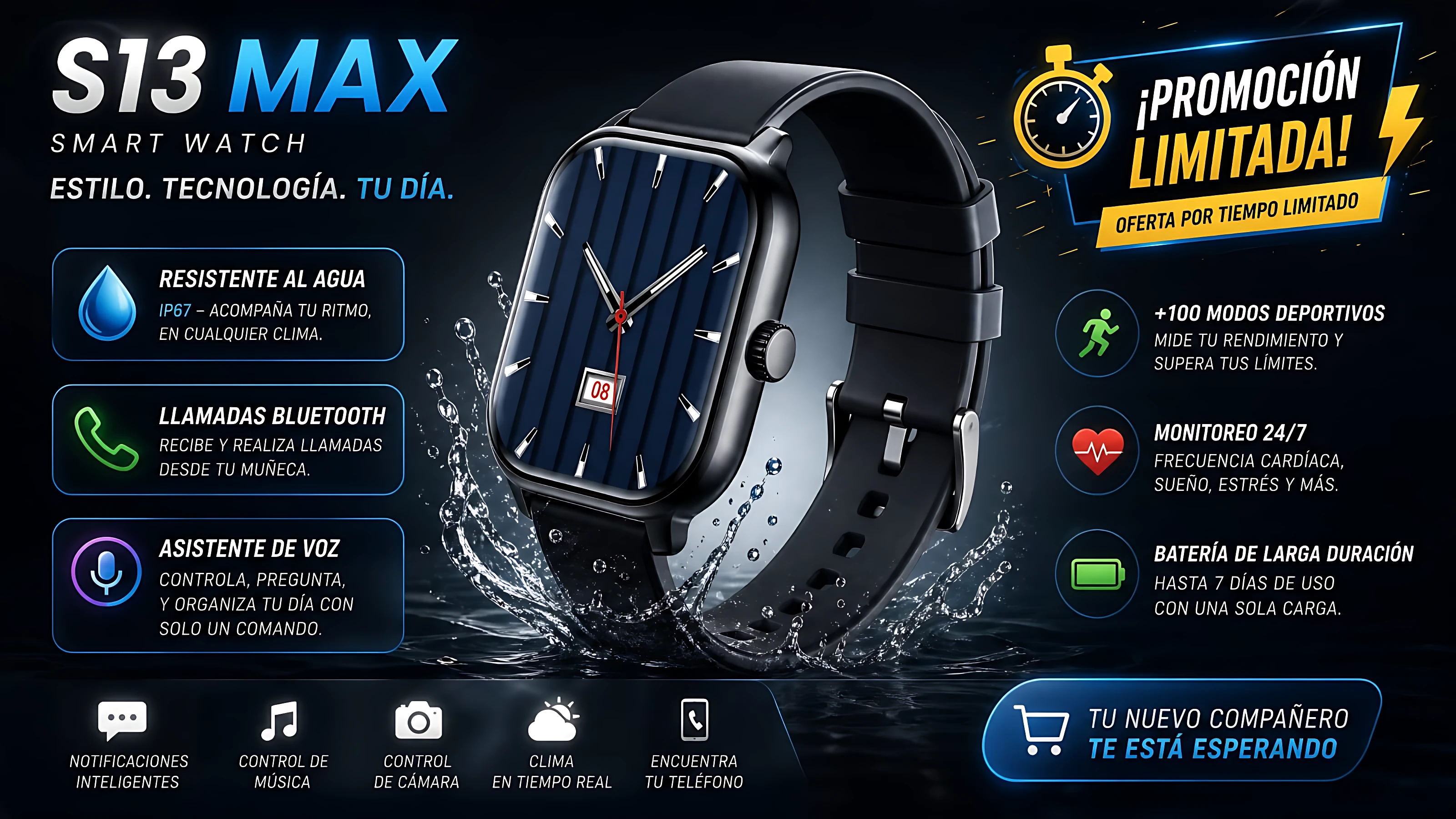 Reloj inteligente S13 Max con correa negra, pantalla cuadrada y detalles en azul oscuro, mostrando funciones como resistencia al agua, llamadas Bluetooth y monitoreo de salud.
