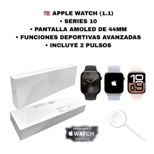 Reloj inteligente Apple Watch Series 10 de 44 mm con pantalla AMOLED, caja blanca abierta mostrando contenido interno y tres variantes de correa: negra, gris claro y beige con diseño numérico.