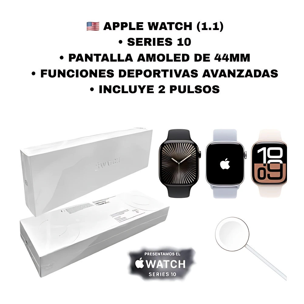 Reloj inteligente Apple Watch Series 10 de 44 mm con pantalla AMOLED, caja blanca abierta mostrando contenido interno y tres variantes de correa: negra, gris claro y beige con diseño numérico.