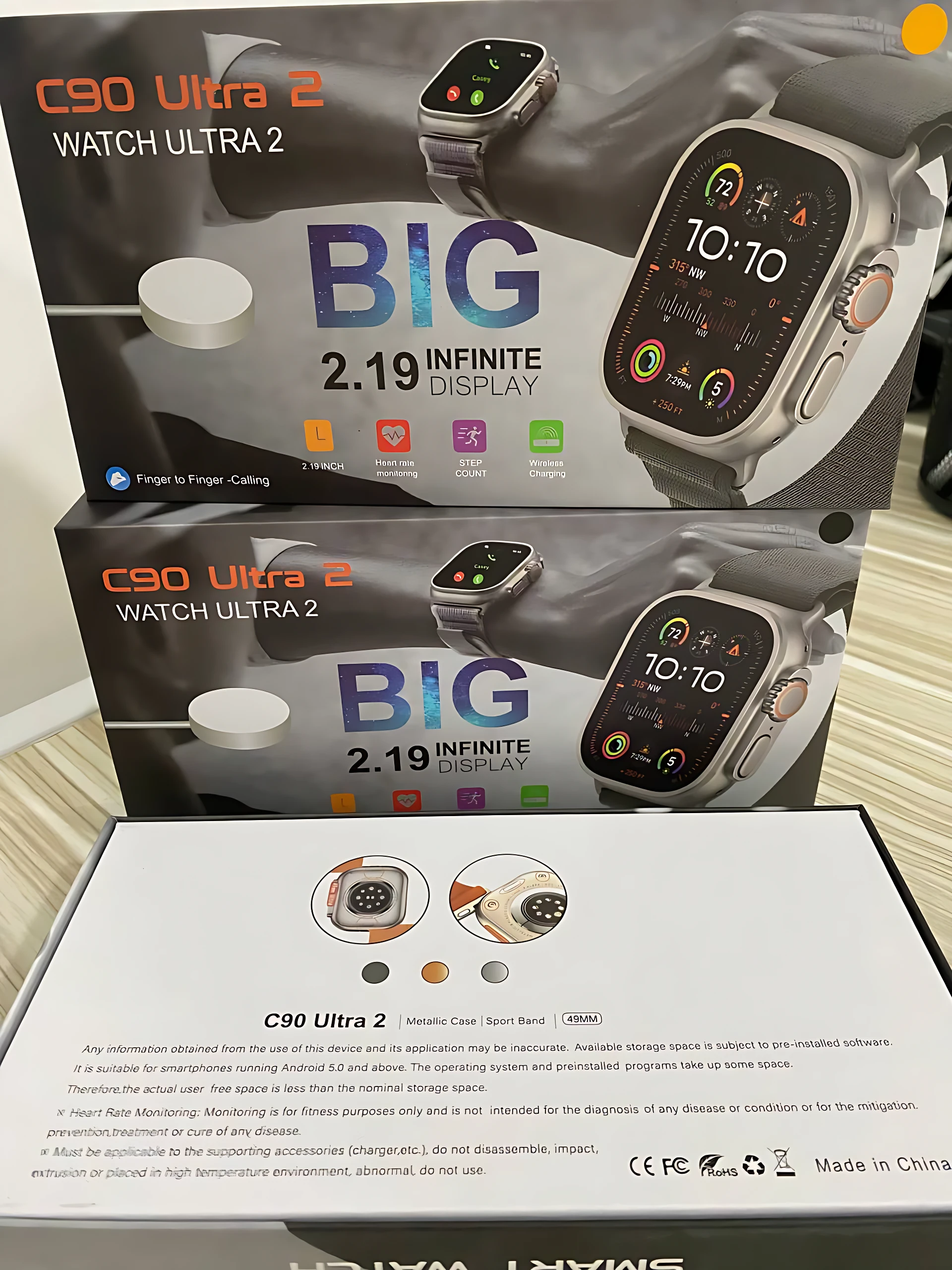 Caja del Smartwatch C90 Ultra 2, mostrando dos unidades apiladas con pantalla de 2.19 pulgadas y caja inferior con detalles técnicos.