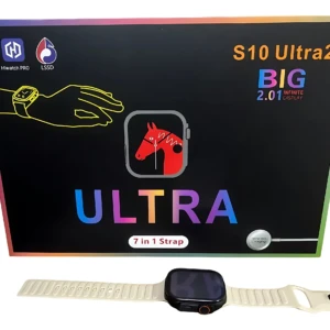 Smartwatch S10 Ultra 2 con correa blanca y caja de presentación que incluye 7 correas intercambiables.