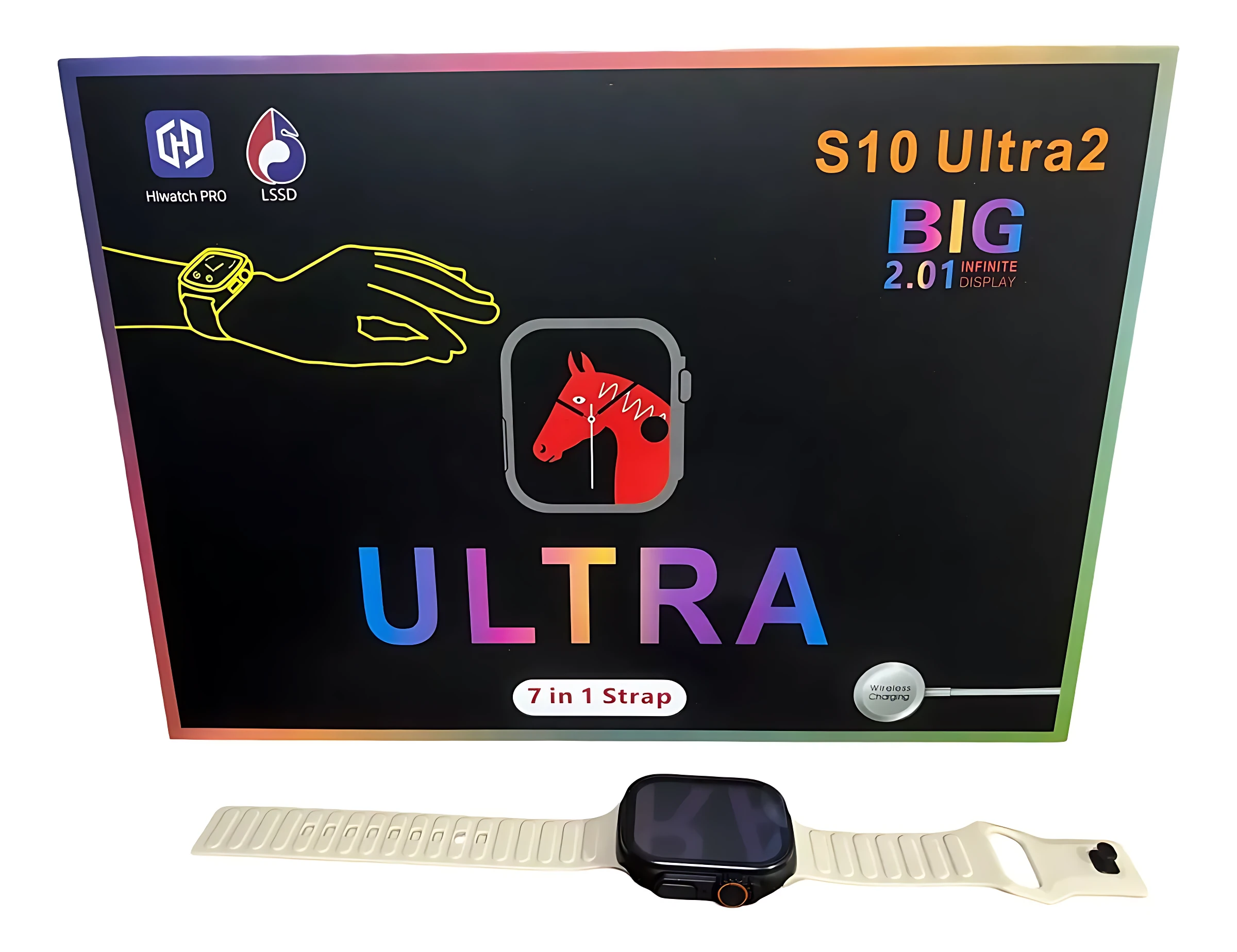 Smartwatch S10 Ultra 2 con correa blanca y caja de presentación que incluye 7 correas intercambiables.