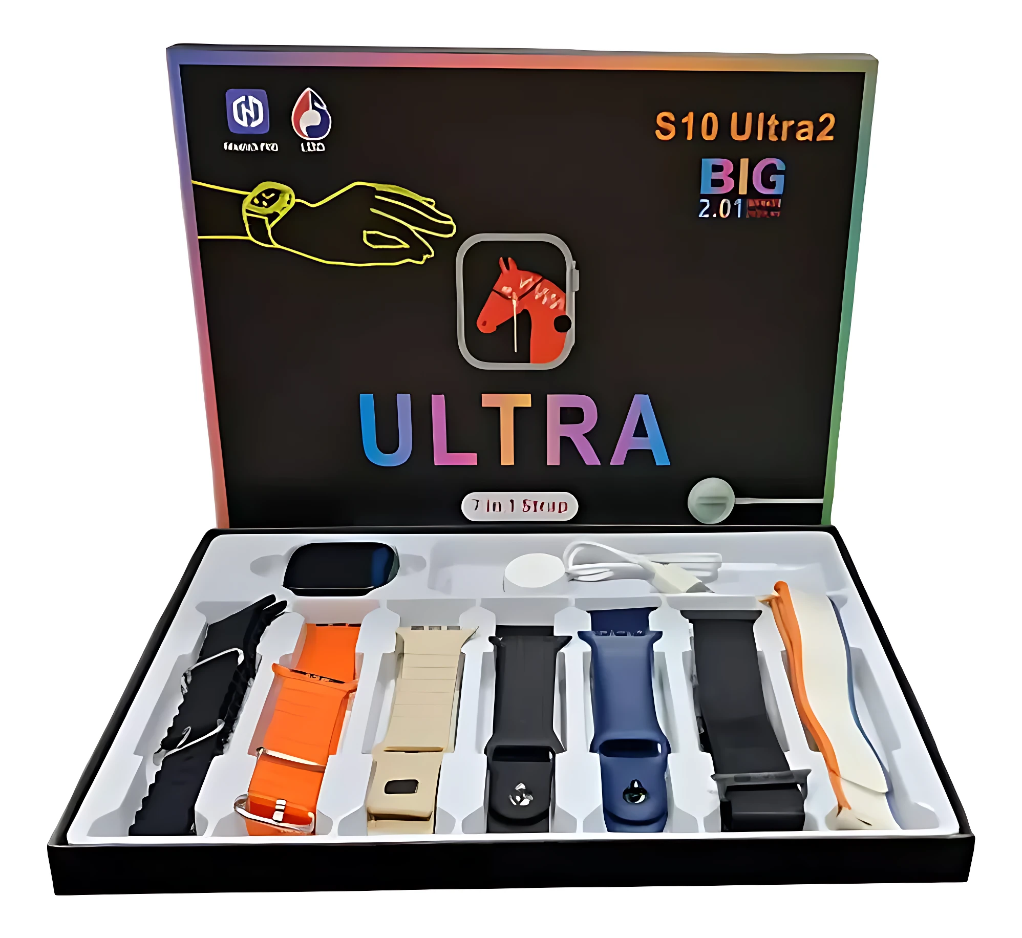 Smartwatch S10 Ultra 2 en caja abierta con siete correas intercambiables de colores negro, naranja, beige, azul y blanco, junto a cargador y accesorios.