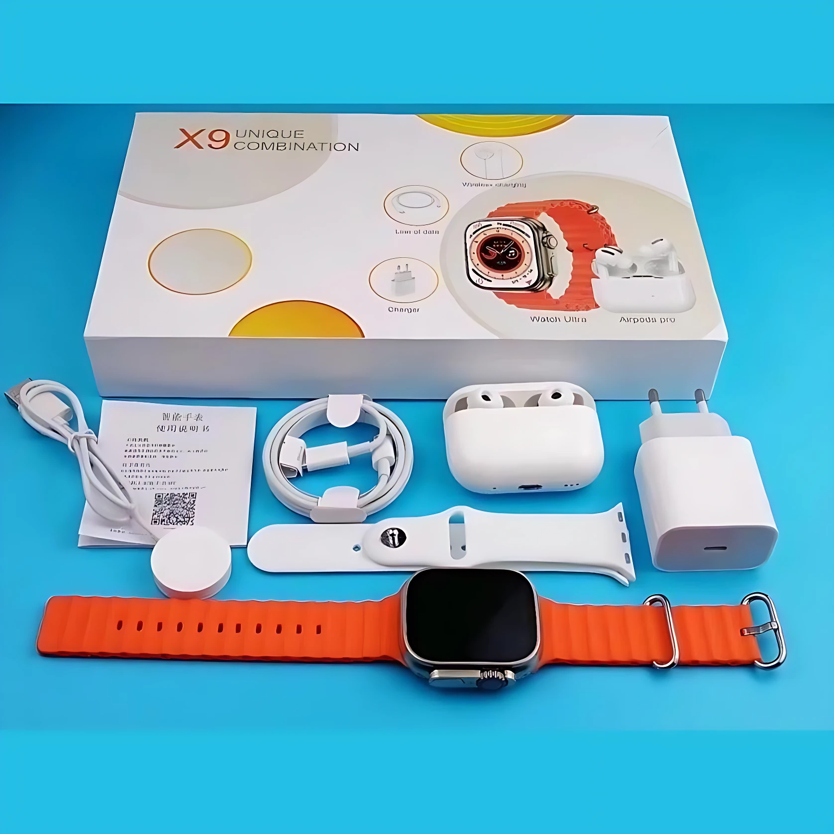 Reloj inteligente X9 con correa naranja, caja blanca, cargador, auriculares inalámbricos y accesorios incluidos.