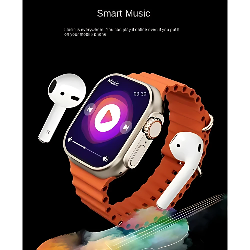 Reloj inteligente X9 con correa naranja, pantalla mostrando reproductor de música y auriculares inalámbricos blancos flotando a los lados.