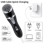 Removedor de callos digital recargable negro con pantalla LED, cable USB y adaptador de pared; incluye iconos de uso en outlet, cargador de auto, computadora y power bank.