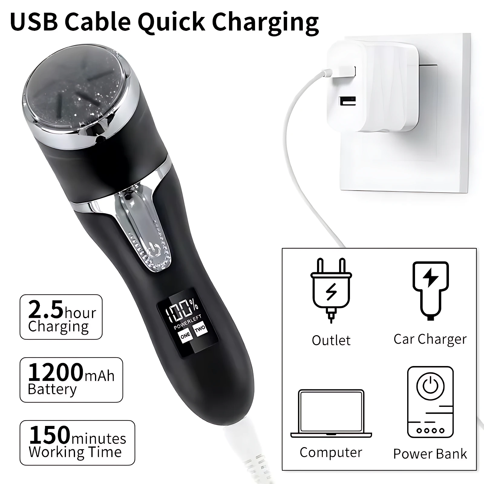 Removedor de callos digital recargable negro con pantalla LED, cable USB y adaptador de pared; incluye iconos de uso en outlet, cargador de auto, computadora y power bank.