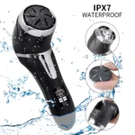 Removedor de callos digital recargable negro con pantalla LED, resistente al agua IPX7, mostrando detalles del cabezal y uso bajo chorro de agua.