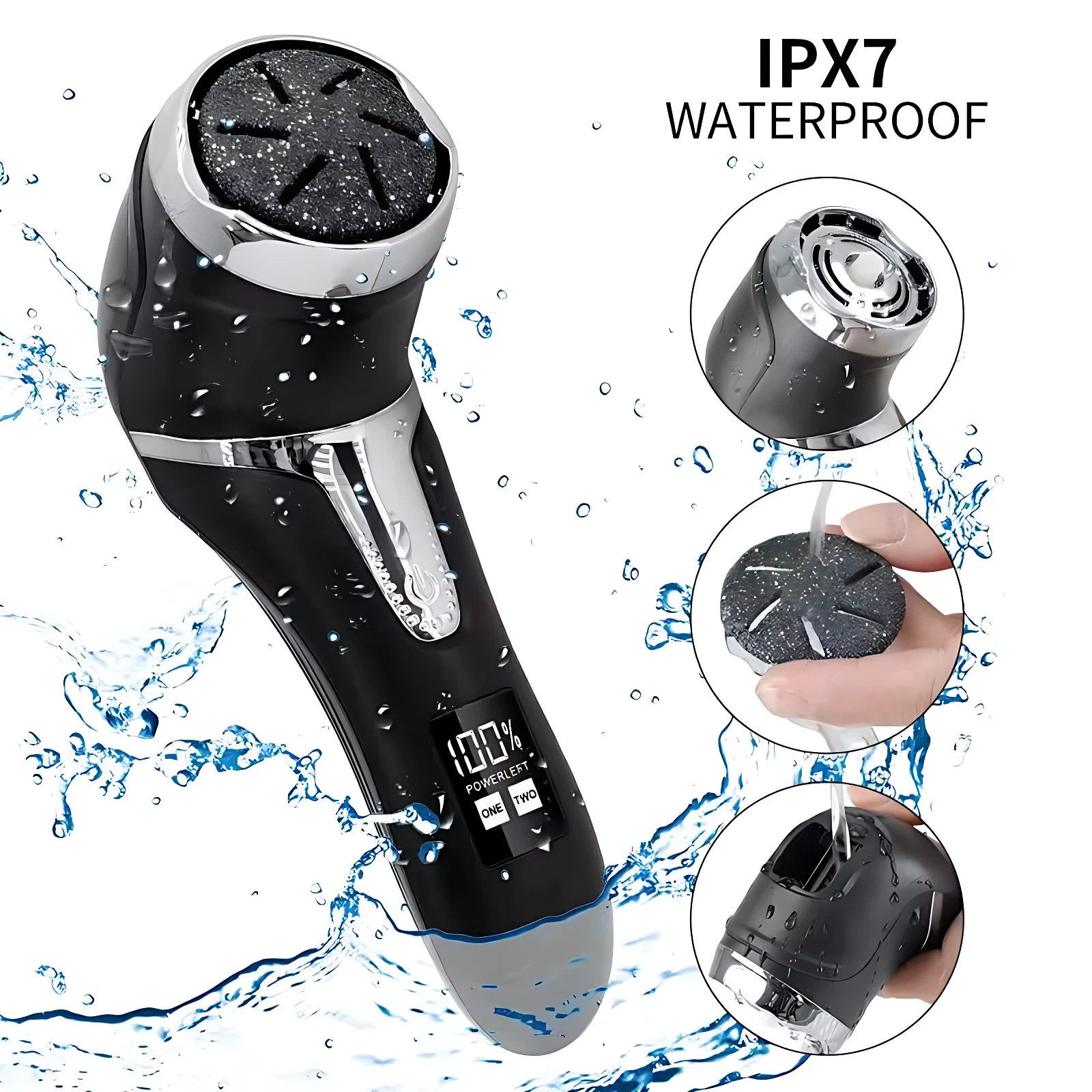 Removedor de callos digital recargable negro con pantalla LED, resistente al agua IPX7, mostrando detalles del cabezal y uso bajo chorro de agua.