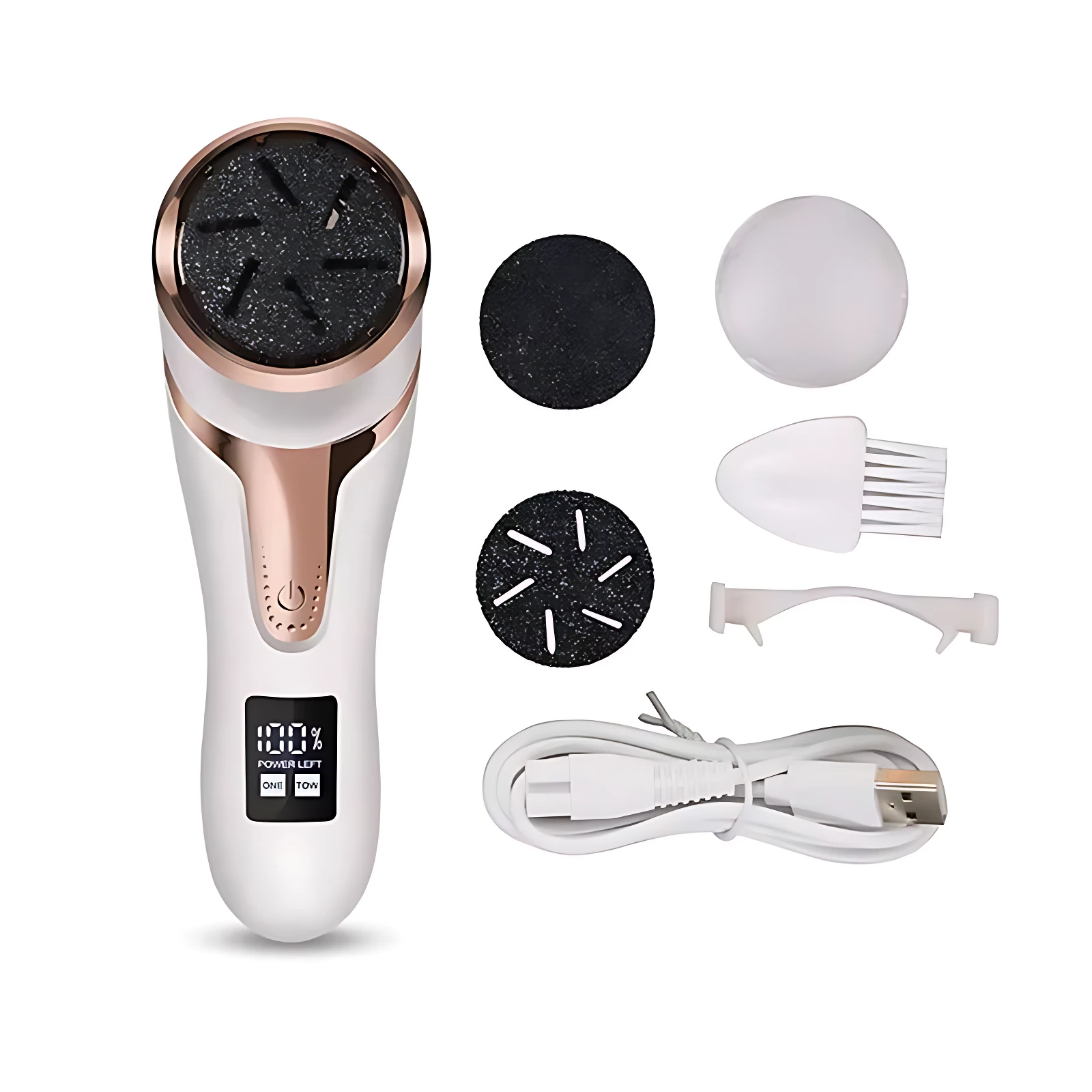 Removedor de callos digital recargable blanco y rosa dorado con pantalla LED, incluye cabezales intercambiables y cable USB.