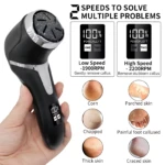 Removedor de callos digital recargable con pantalla LED, en color negro y plateado, mostrando velocidad de 1900 RPM y aplicaciones para pie con callos, piel seca y grietas.