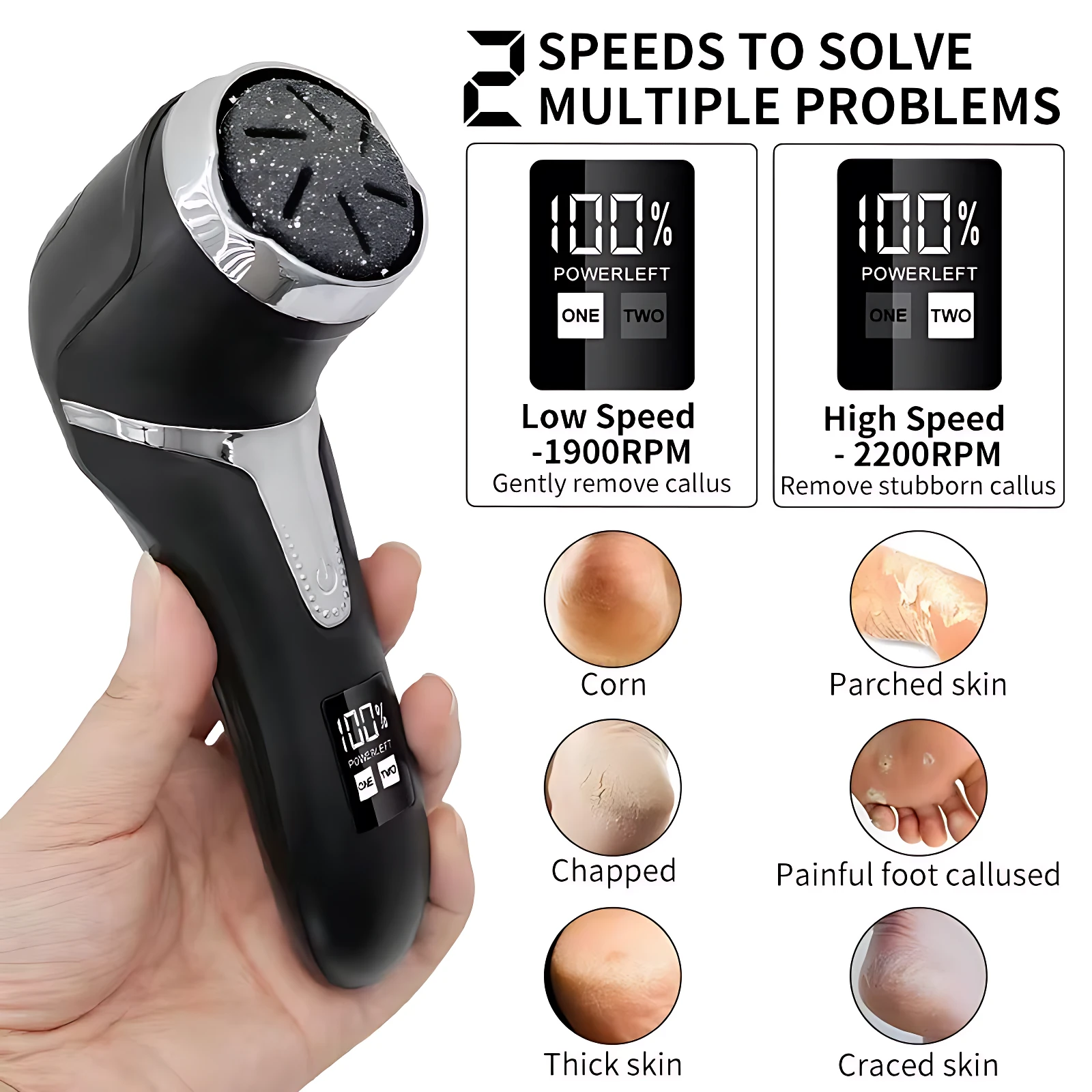 Removedor de callos digital recargable con pantalla LED, en color negro y plateado, mostrando velocidad de 1900 RPM y aplicaciones para pie con callos, piel seca y grietas.