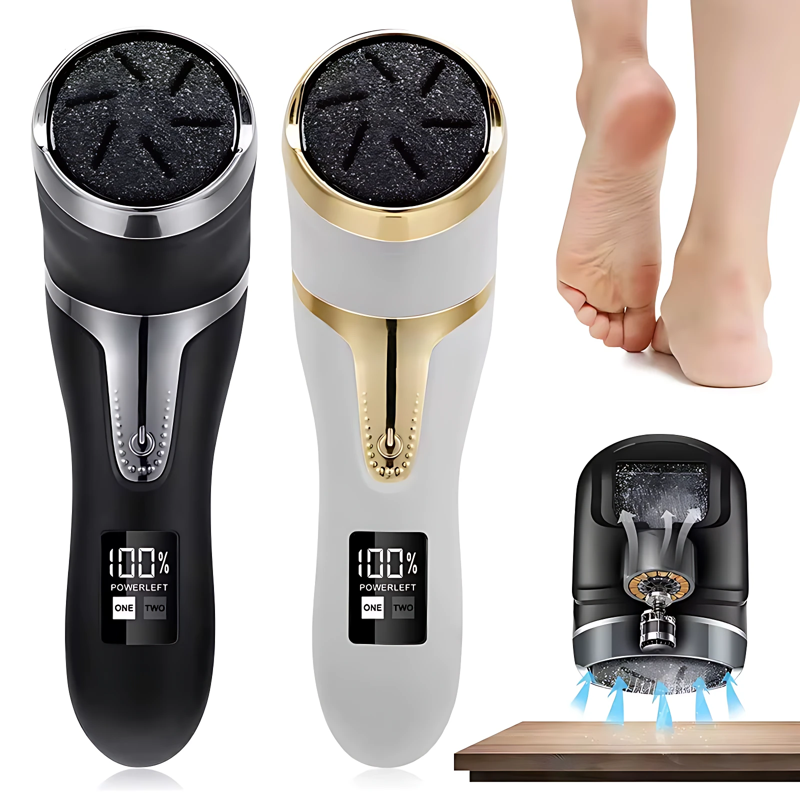 Removedor de callos digital recargable en negro y blanco con pantalla LED, cabezal giratorio y función de limpieza bajo agua.
