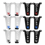 Set de seis repasa pies para defensas de motos Nk 150 en acero inoxidable, disponibles en acabado plateado y negro, con logotipo W en rojo o azul según variante.