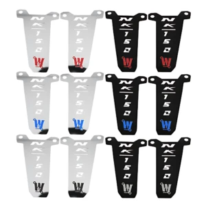 Set de seis repasa pies para defensas de motos Nk 150 en acero inoxidable, disponibles en acabado plateado y negro, con logotipo W en rojo o azul según variante.