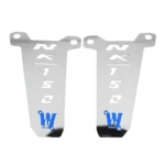 Dos soportes de acero inoxidable para repisa de pies de moto Nk 150, con grabado en azul y acabado brillante.
