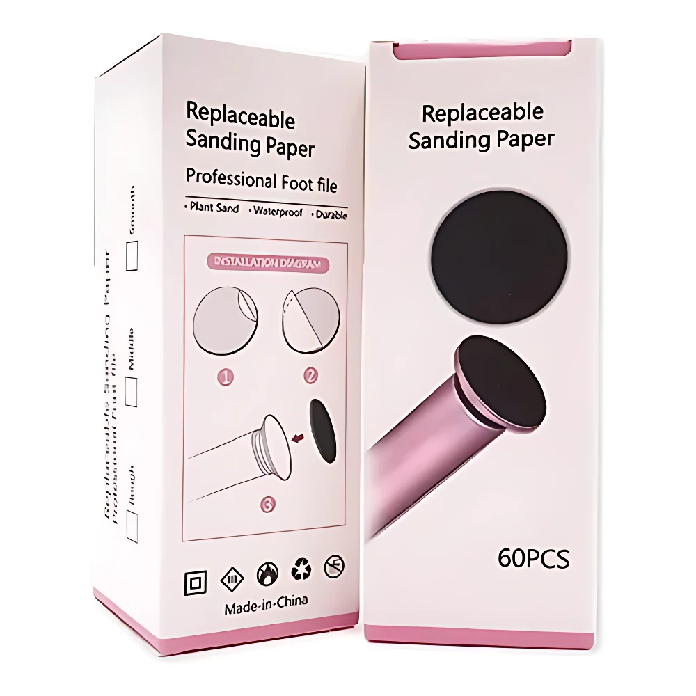 Pack de dos cajas de disco lijador para pies exfoliante, color rosa claro con detalles en negro, mostrando diagrama de instalación y cantidad de 60 unidades por caja.