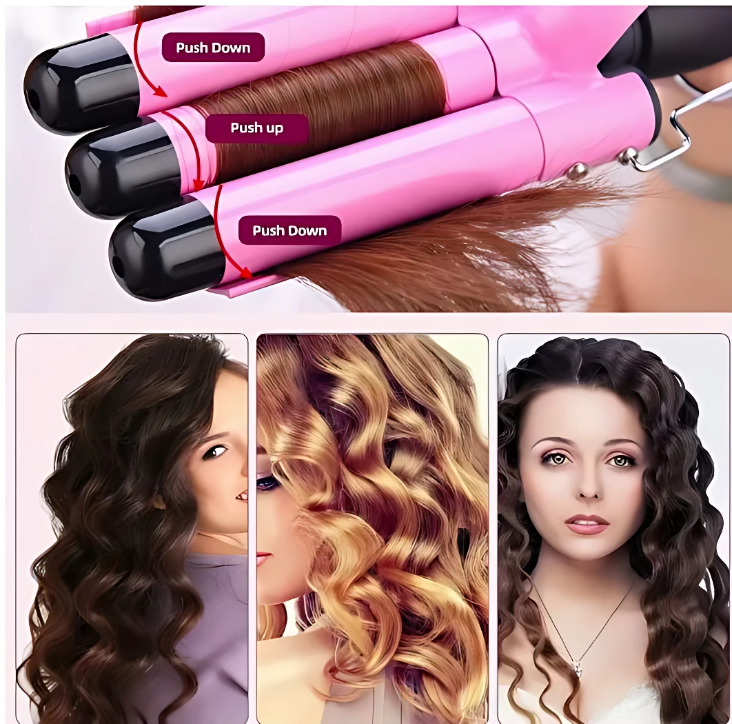 Rizadora de pelo rosa con tres cilindros, mostrando uso en cabello castaño y resultados en ondas suaves y duraderas.
