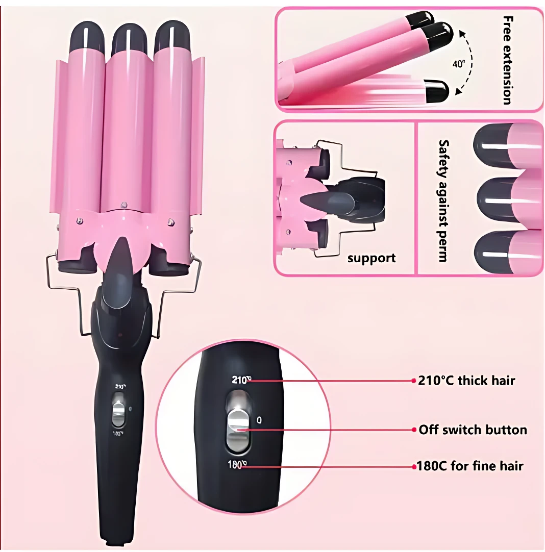 Rizadora de pelo en rosa con tres cilindros, mango negro y panel de control con temperatura ajustable entre 180°C y 210°C. Incluye detalles de seguridad y extensión libre.