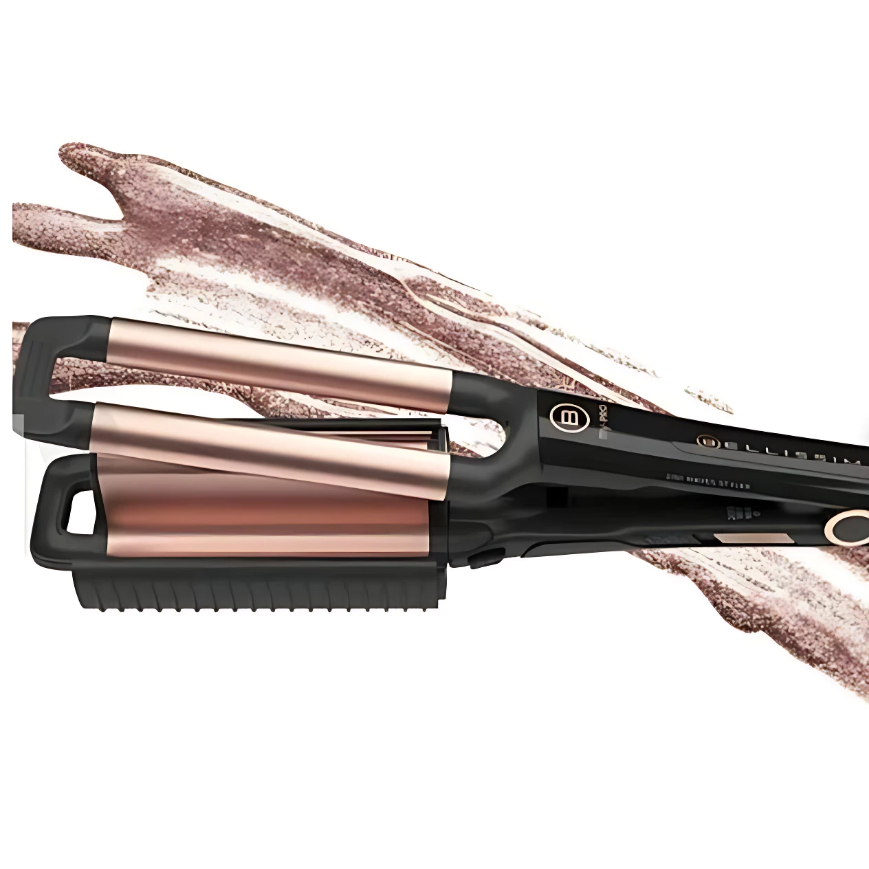Rizadora reversible de ondas dobles con cerámica en color rosa dorado, mostrando sus dos placas intercambiables y textura de cerdas en la base.