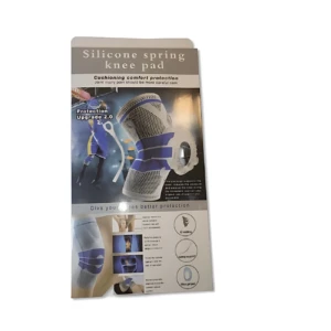 Rodillera de silicona con resortes laterales, color azul y blanco, en empaque que muestra protección articular y diseño ergonómico para ejercicio.