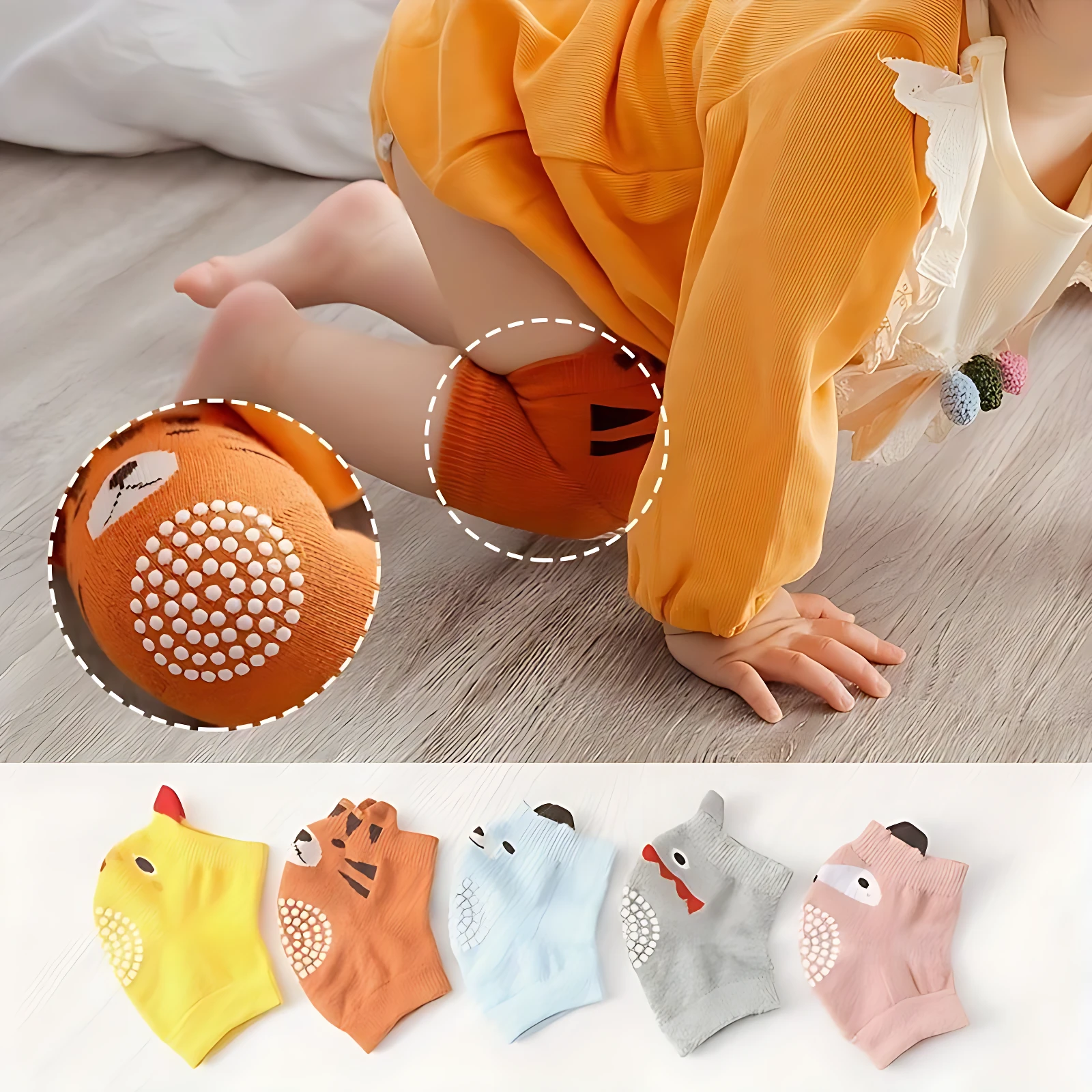 Rodillera antideslizante para bebé en naranja con diseño de animal, vista de uso al gatear y detalle de suela adhesiva. Incluye set de tres colores: amarillo, naranja, azul claro, gris y rosa.