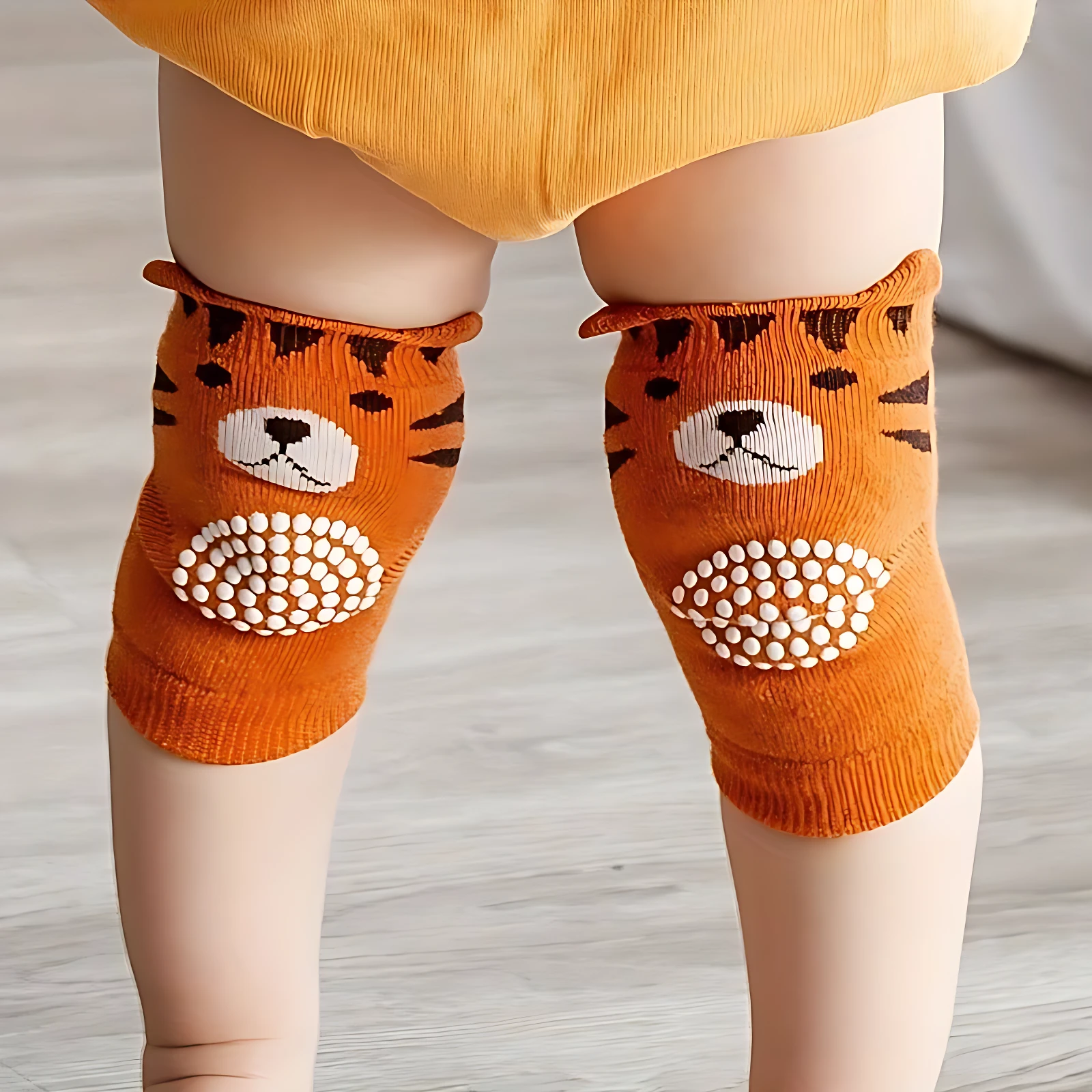 Rodillera naranja con diseño de tigre para bebé, con superficie antideslizante y ajuste elástico.