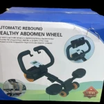 Caja del Rueda Abdominal Multifuncional con Rebote Automático y Frenos de Seguridad, mostrando el producto en color negro con detalles en naranja y azul, junto a una de uso y un sello que indica "Nuevo".