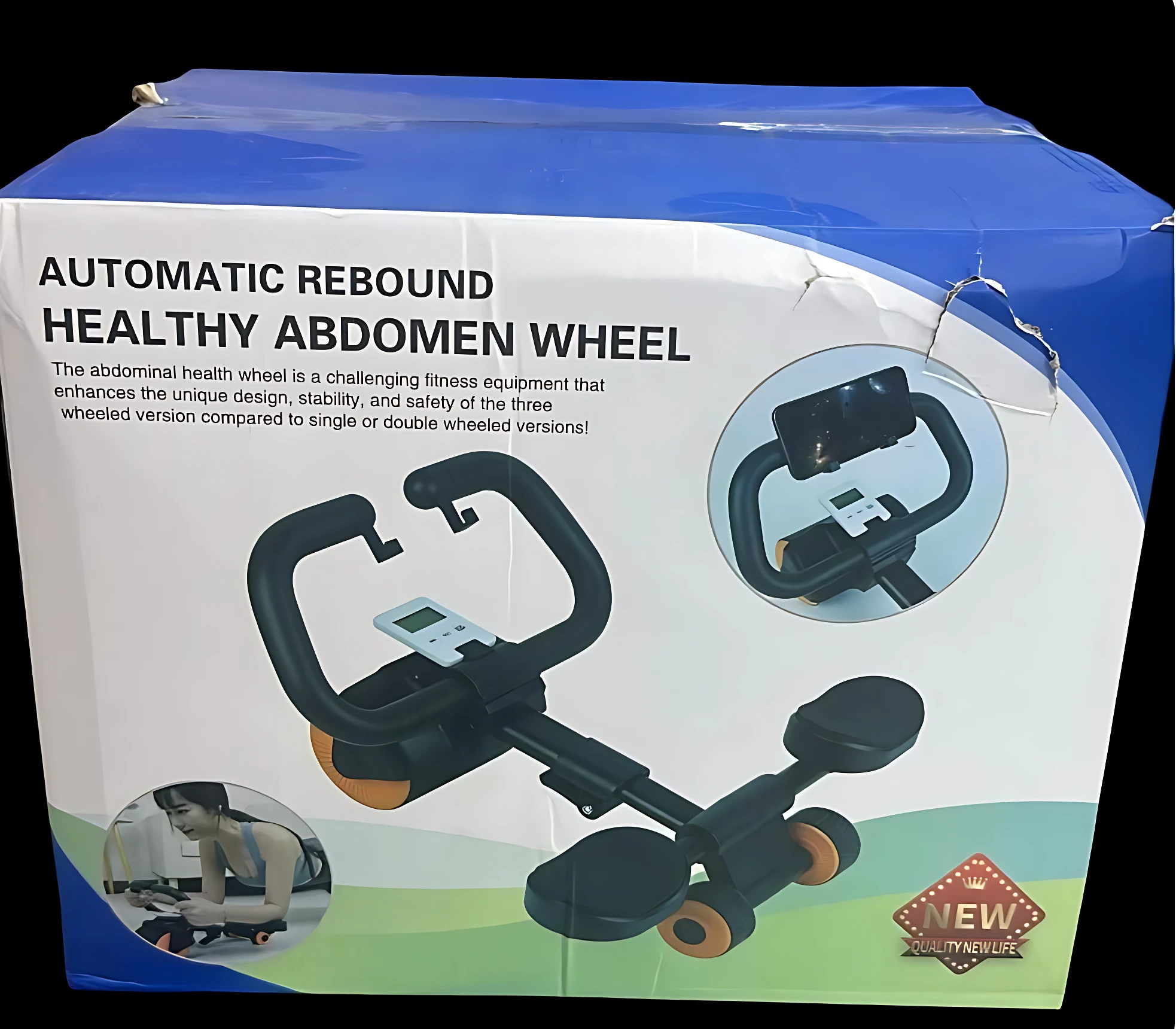 Caja del Rueda Abdominal Multifuncional con Rebote Automático y Frenos de Seguridad, mostrando el producto en color negro con detalles en naranja y azul, junto a una de uso y un sello que indica "Nuevo".