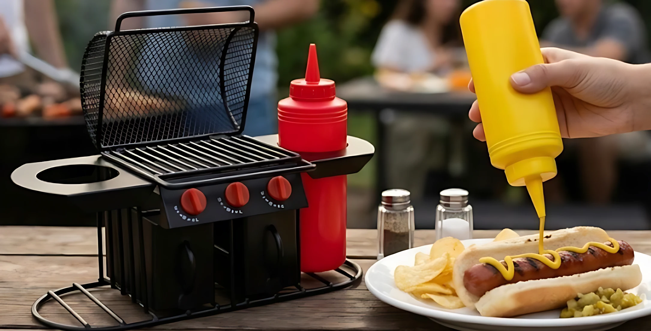 Salsero organizador de mesa diseño parrilla negro con salsas roja y amarilla, sal y pimienta, y hot dog con mostaza siendo servido en plato blanco sobre mesa de madera.