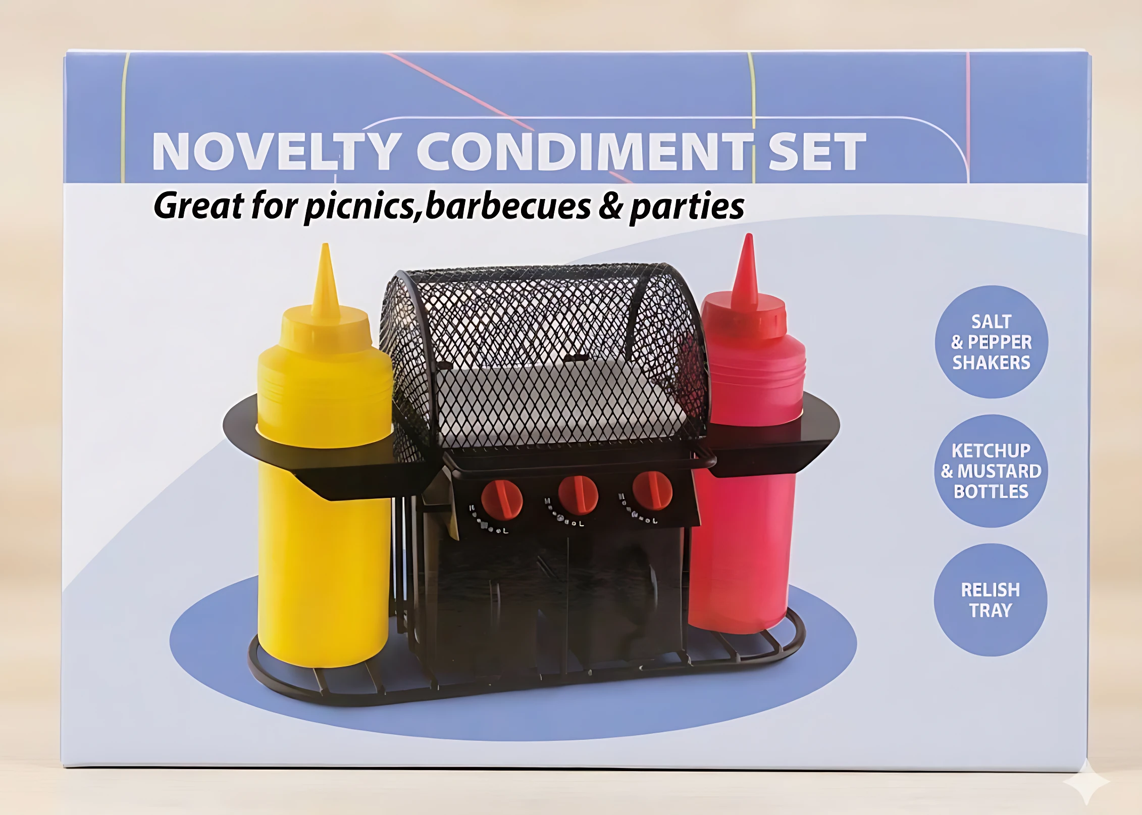Organizador de mesa con diseño parrilla, color negro, incluye dos botellas de salsas amarilla y roja, rejilla central y tres botones rojos. Ideal para picnics y barbacoas.