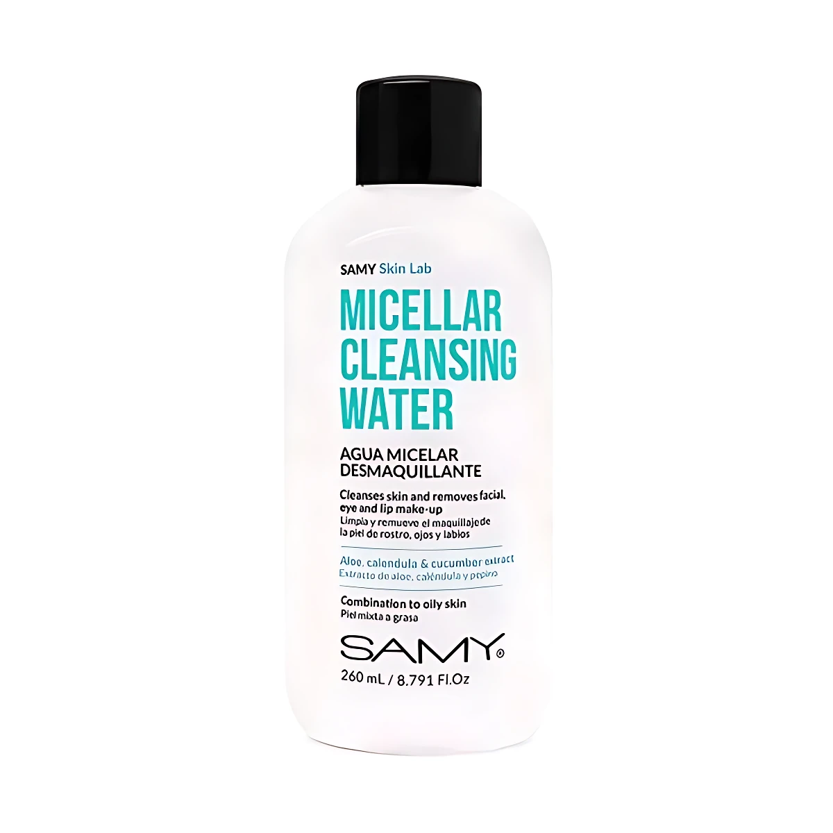 Botella blanca de 260 ml de agua micelar Samy Skin Lab para pieles grasas, con tapa negra y etiqueta que indica eliminación de maquillaje sin enjuague.