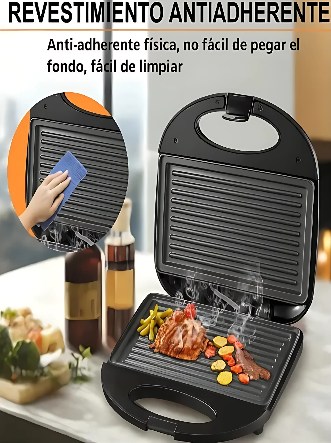 Sanduchera parrilla Sokany SK-08110 de 800W con placas ranuradas negras, mostrando carne y verduras cocinándose en su interior abierto.