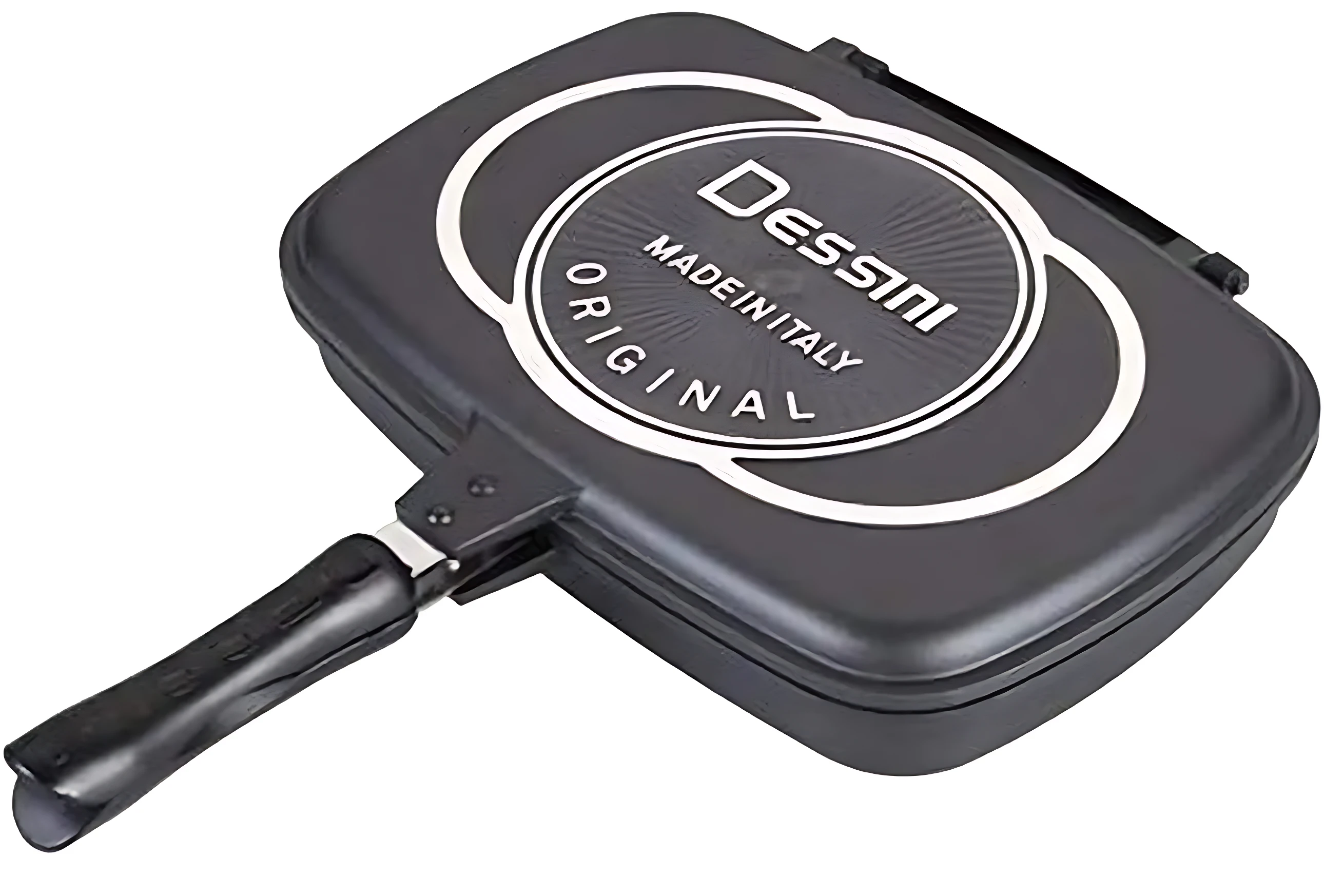 Sarten doble parrilla antiadherente Dessini en color negro, con asa ergonómica y tapa abatible, ideal para cocinar dos platos al mismo tiempo.