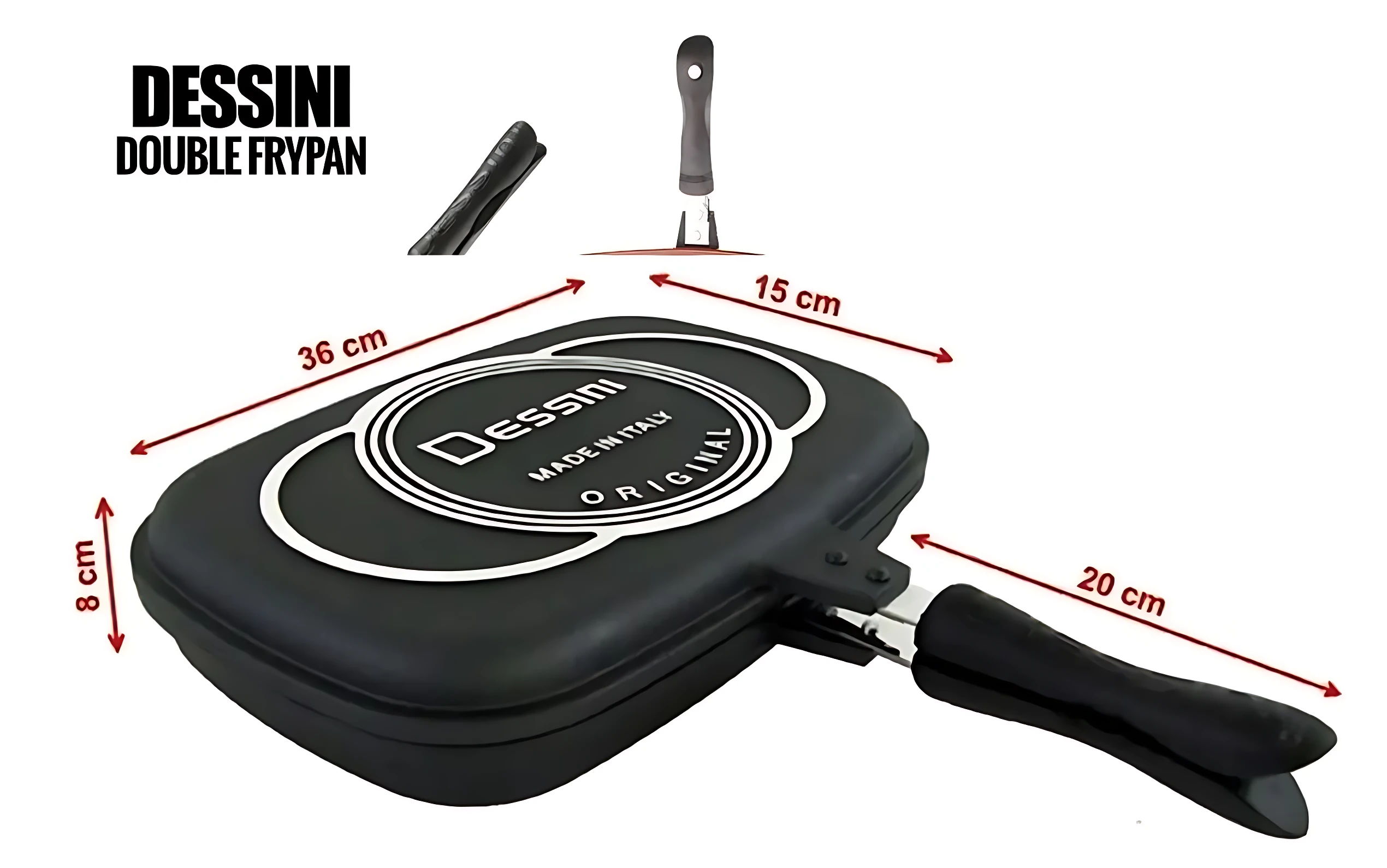 Sarten doble parrilla Dessini de aluminio antiadherente, color negro, con medidas de 36 cm de largo, 20 cm de ancho y 8 cm de alto, incluye mango ergonómico y tapa protectora.