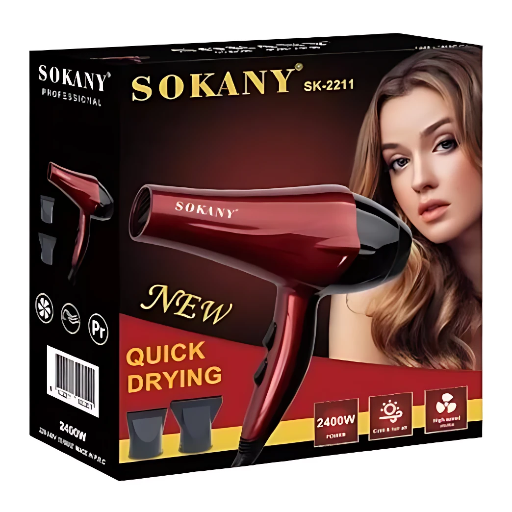 Secador de pelo Sokany modelo SK-2211 en color rojo oscuro, con boquillas intercambiables visibles, mujer con cabello ondulado al lado, etiqueta de 2400W y función de secado rápido.