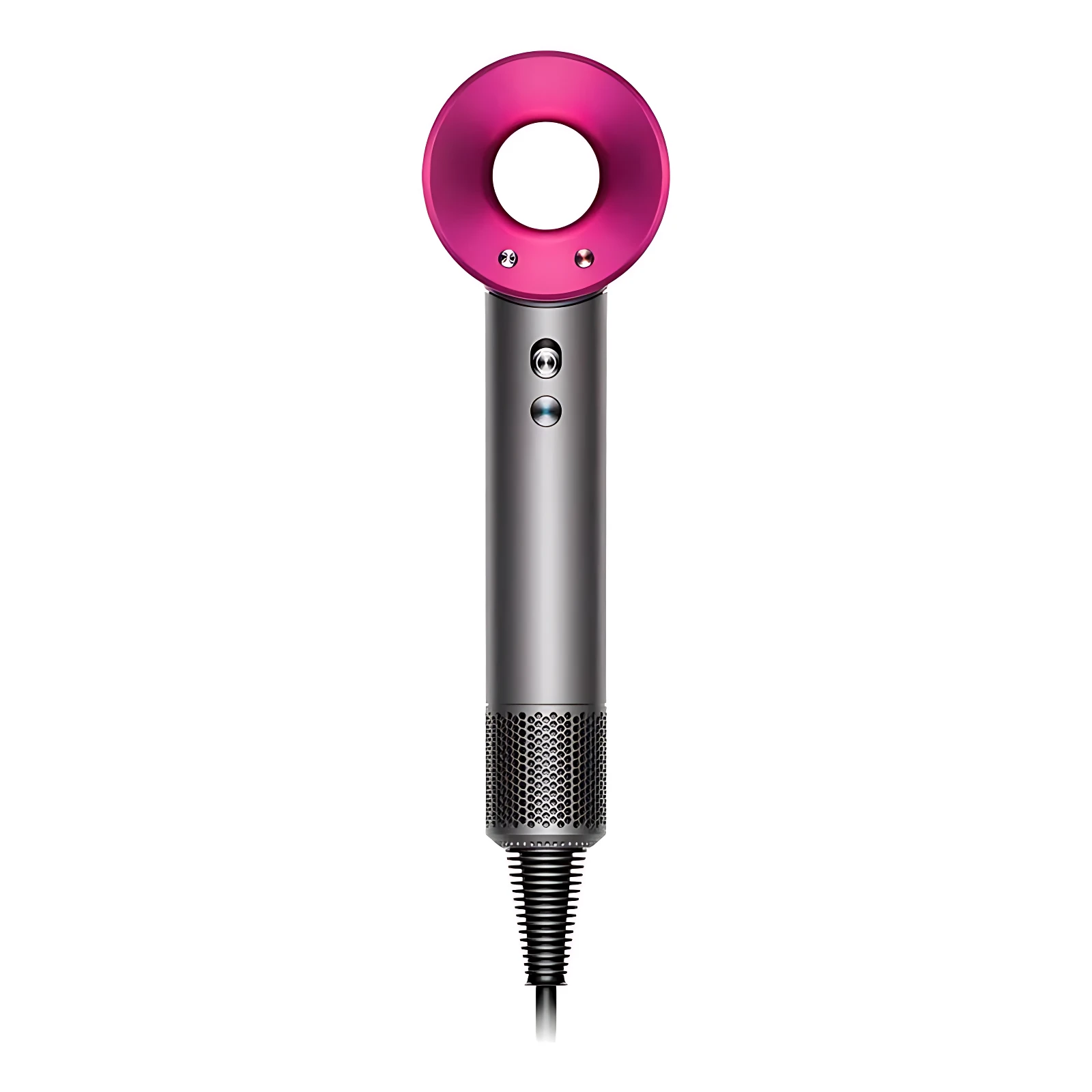 Secadora Dyson Supersonic en color rosa fucsia, vista frontal con mango metálico y cable visible.