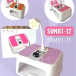 Lámpara LED UV SUNBT-12 con base blanca y superficie rosa brillante, incluye caja de presentación y vistas superiores del dispositivo.
